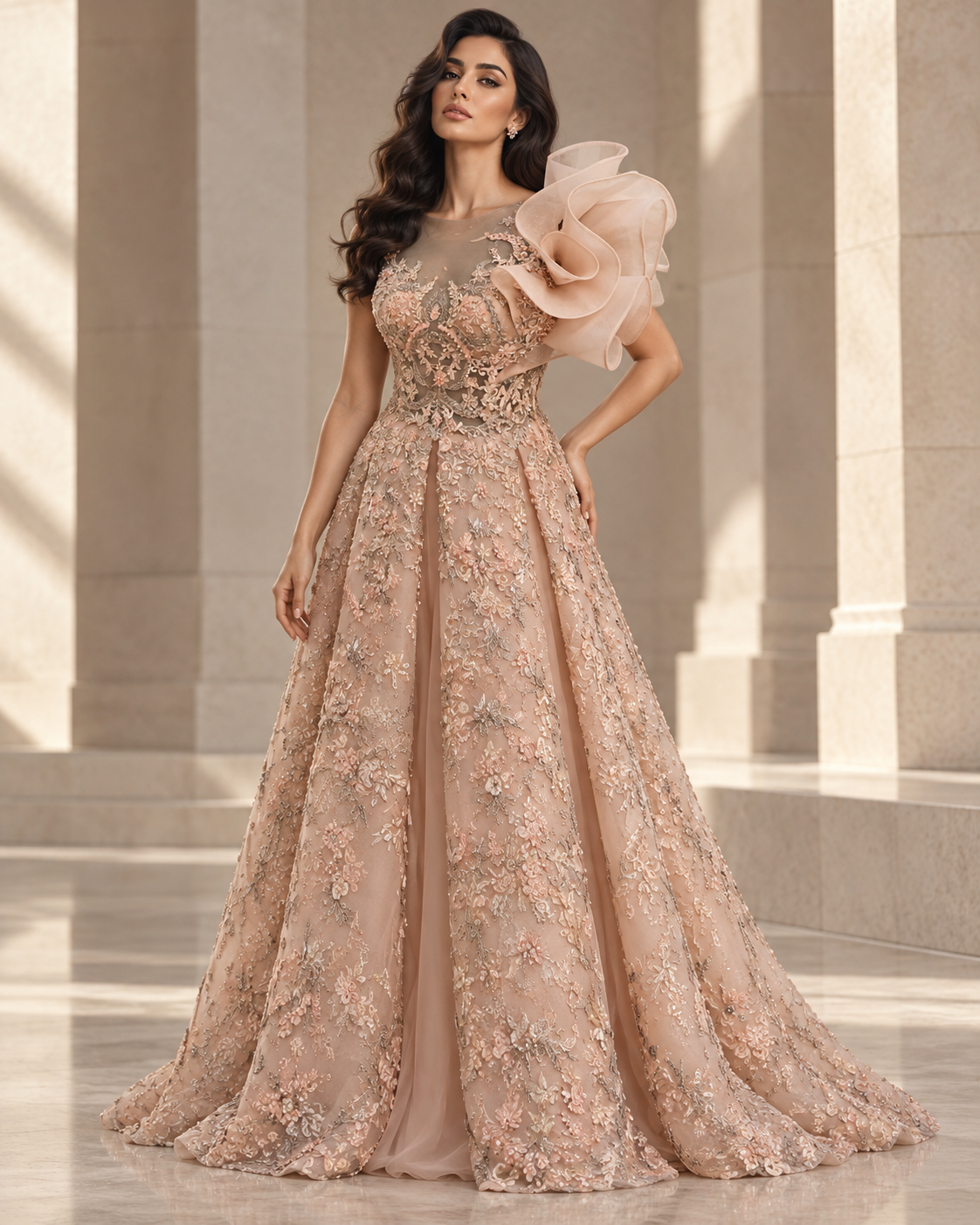 Camélia — champagne made-to-order gown with floral lace and a sculpted shoulder