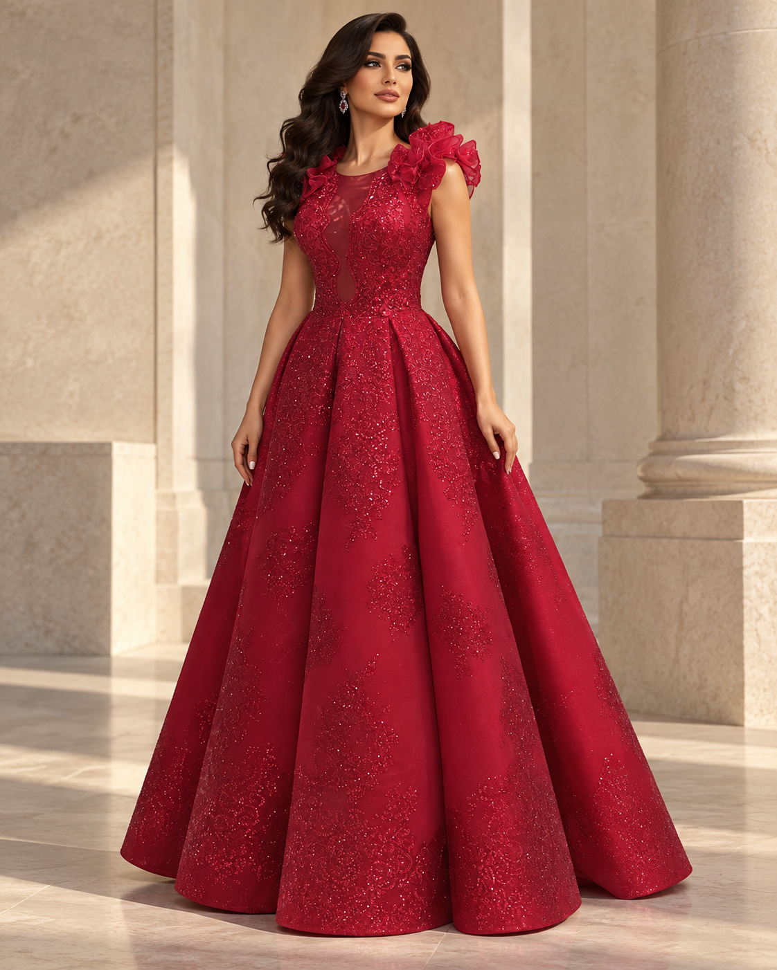Scarlett — deep red made-to-order gown with beaded lace and a sculpted shoulder
