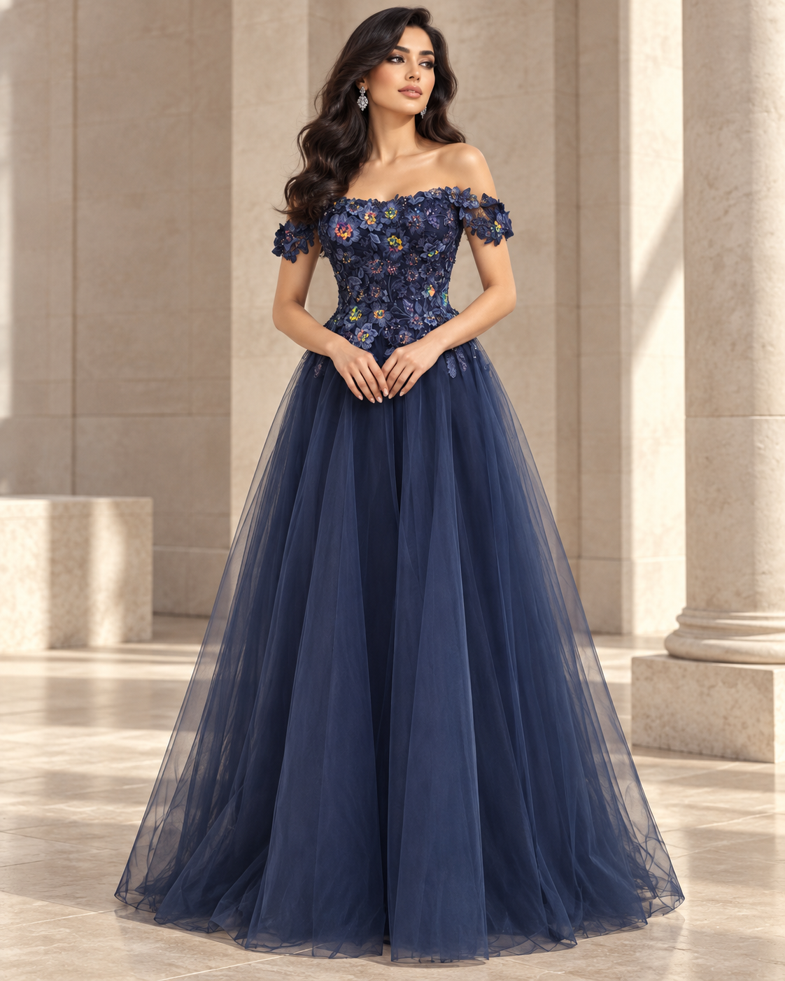 Celeste — midnight blue ready-to-wear gown with floral lace bodice