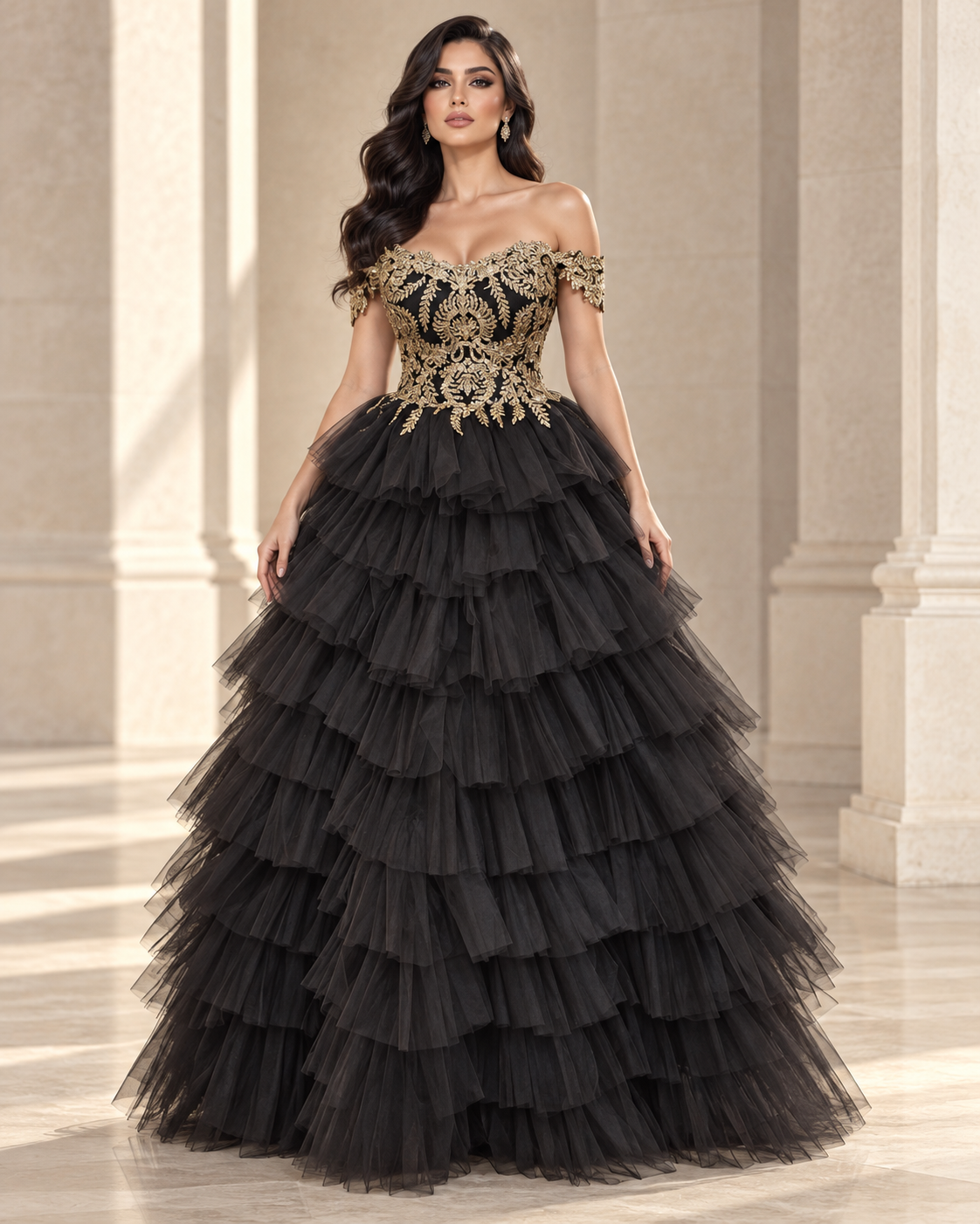 Noir — black and gold made-to-order ball gown with tiered tulle skirt